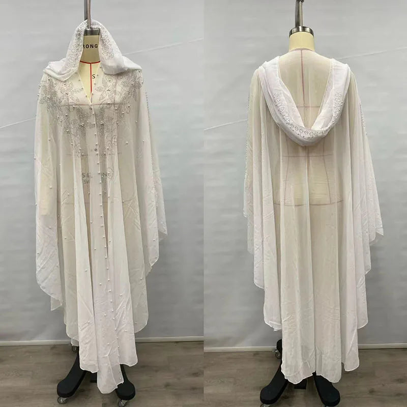 Middle East African Dresses for Woman Luxury Diamond Bead Muslim Long Robe Veiled Women Wearing Hooded Cloak Bat Sleeve Dress