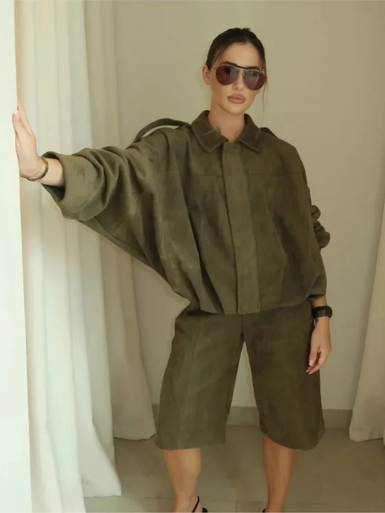Vintage Faux Suede Short Jackets For Women Zipper Fashion Loose Bomber Jacket Coat Autumn Winter 2025 New Chic Casual Outerwears