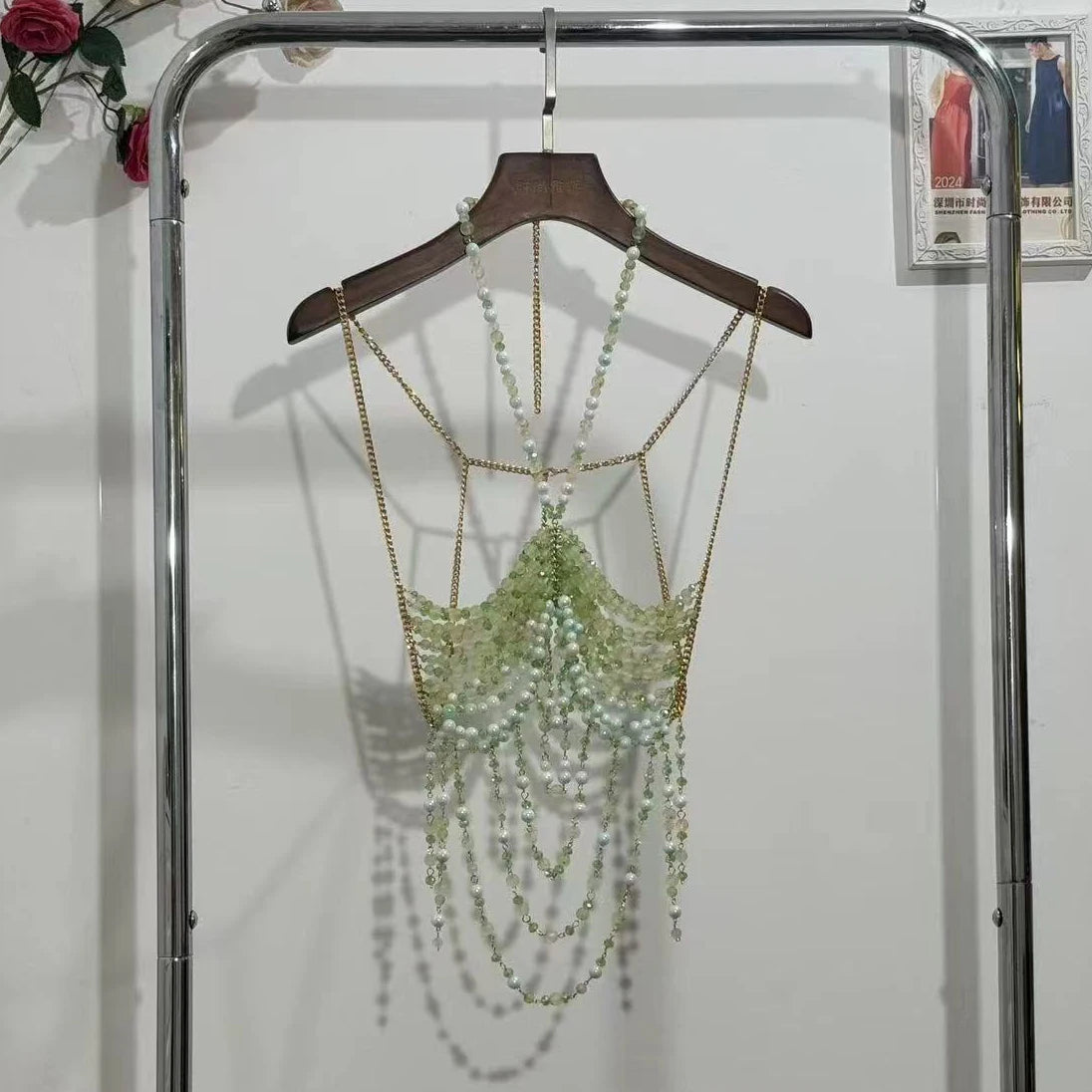 2025 New Women's Necklace Beaded Vest Hollow Out Top Jewelry Exaggerated Pearls Neck Bra Fashion Bra Women's Club Carnival