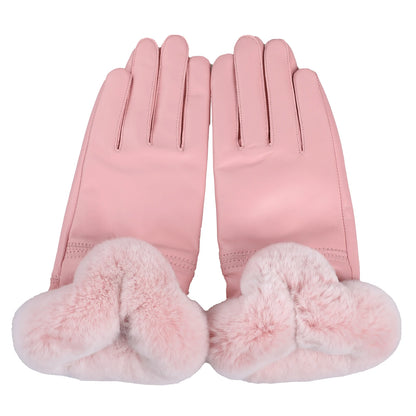 BOONJOVIA Elegant Women's Winter Warm Genuine Leather Gloves With Rex Rabbit Fur Trim Cuffs Velvet Lined