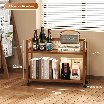 Wooden antique style coffee table, mobile coffee table, sofa side table, cart with pulley storage rack, rattan fence decoration