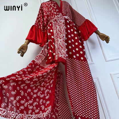 WINYI Summer Kimono party dress Beach Wear Swim Suit Cover up Africa women boho puff(ed) sleeves Cardigan sexy Holiday kaftan