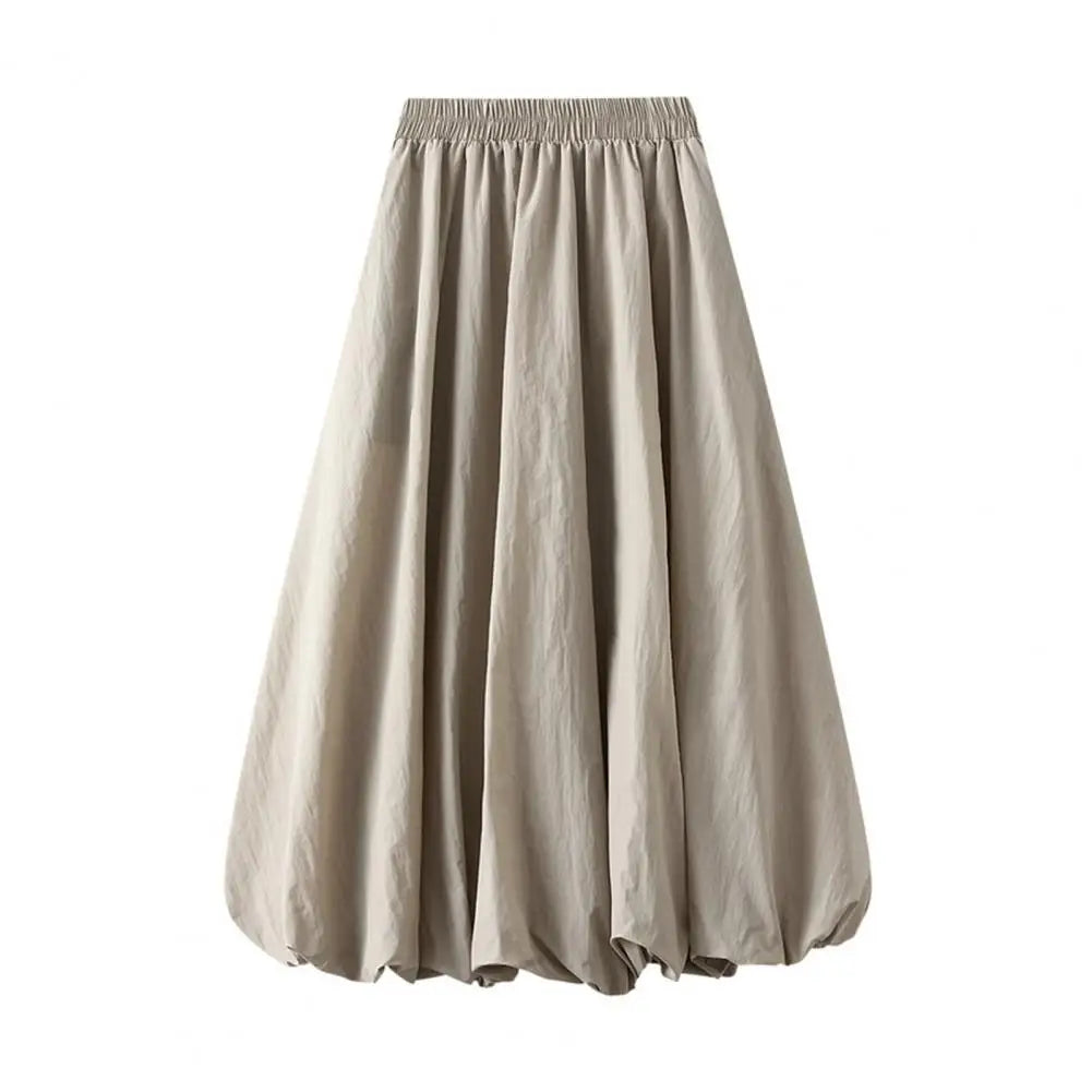 Elasticated Waist Skirt Elastic High Waist Bubble Maxi Skirt with Ankle-length Lantern Design Solid Color A-line for Spring
