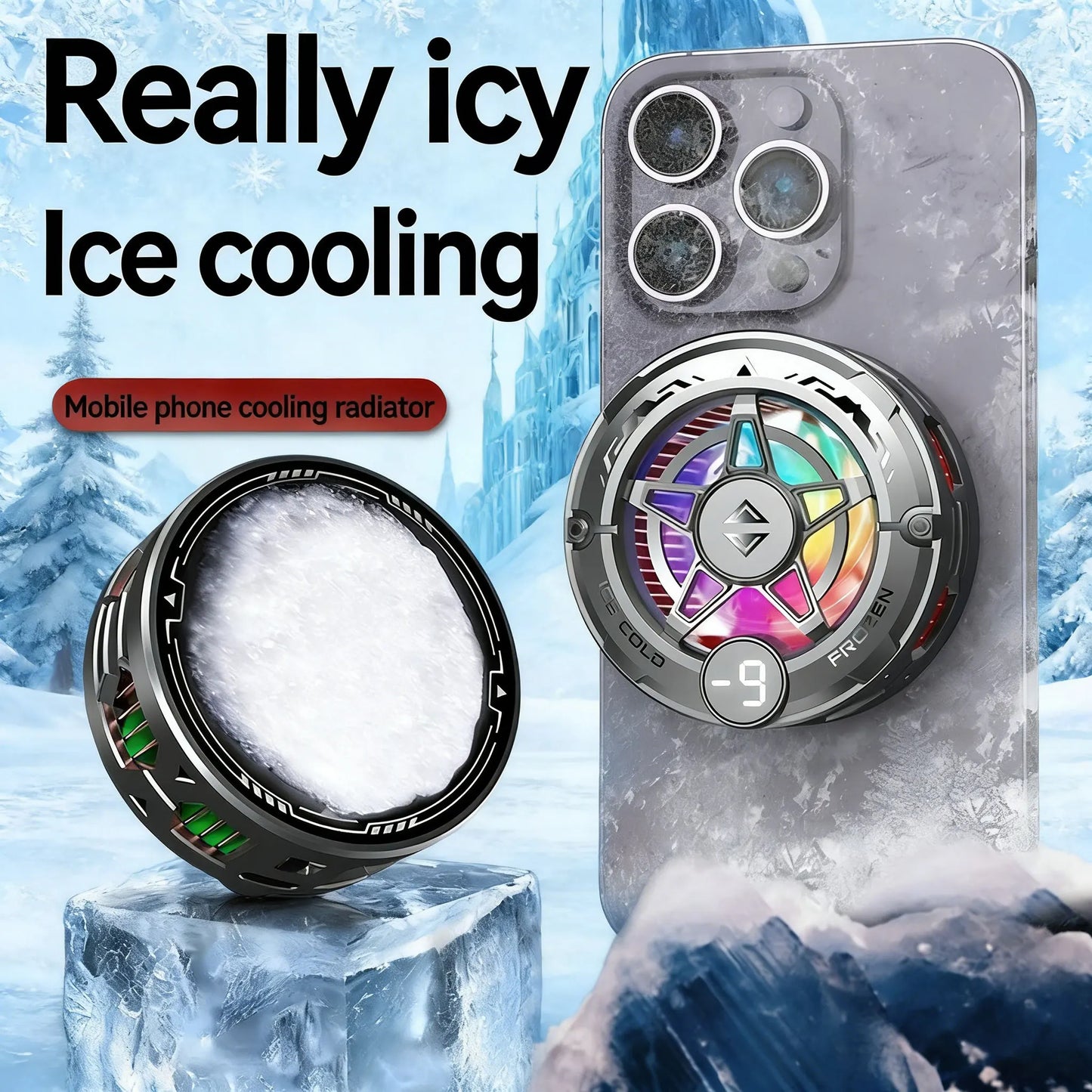 Universal Phone Cooler for Gaming, Magnetic Semiconductor Cooling Fan with Digital Display RGB Lights