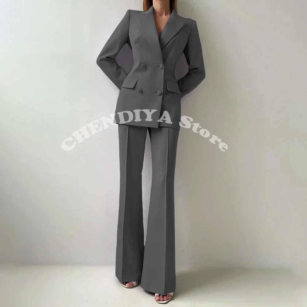 Women Suits Sets 2 Piece Elegant Peak Lapel Double Breasted Outfits Fashion Daily Casual Chic Female Suit (Jacket+Pants)