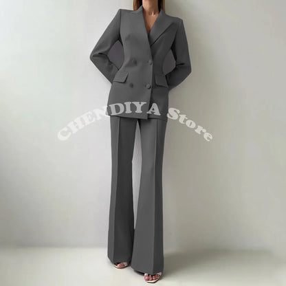 Women Suits Sets 2 Piece Elegant Peak Lapel Double Breasted Outfits Fashion Daily Casual Chic Female Suit (Jacket+Pants)