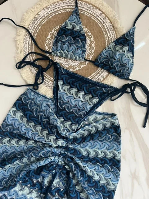 2025 Women Swimsuit Colored Maple Leaves Knitted Bikini Skirt Three-Piece Set Split Swimsuit Bikini