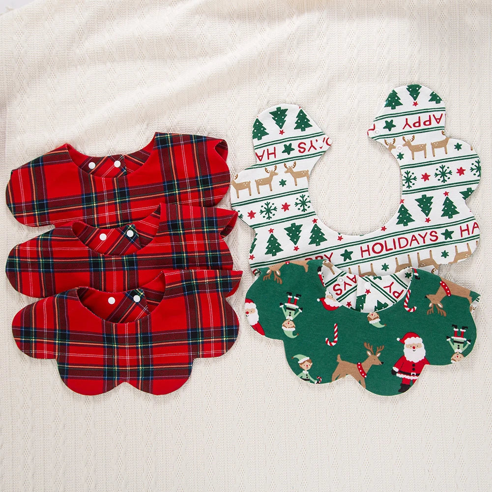 360° Christmas Day Baby Bibs for Infant Boys Girls Plaid Saliva Towel Cute Korea Ins O Neck Adjustable Button Feeding Burp Cloth