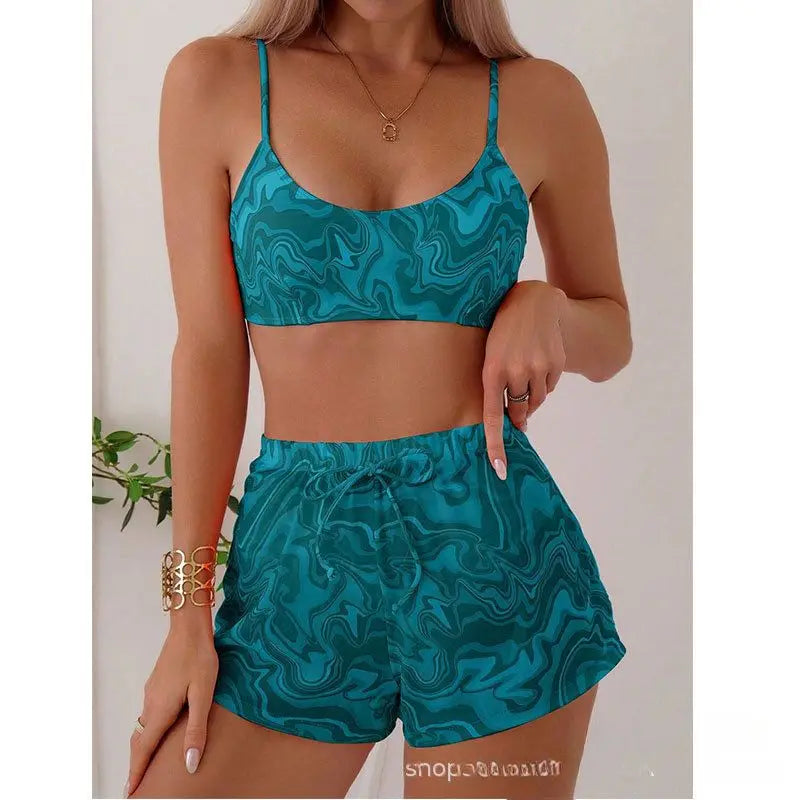 Cikini Women's Vacation Marble Print Casual Bikini Set, Three-Piece Bikini Set With Cover-Up Shorts, Random Print Summer Beach