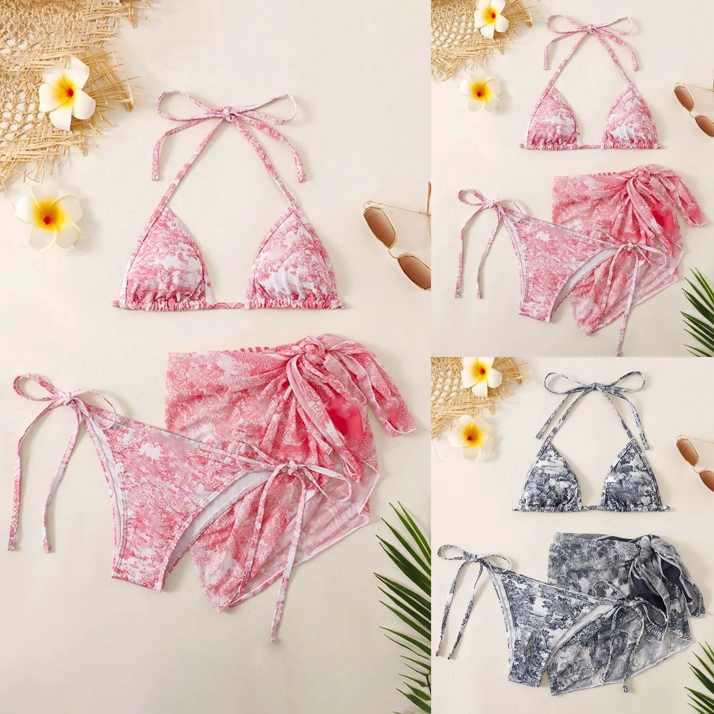 Tie Dye Women'S Tankini Swimwear Three Piece Bikini Set With Sheer Sunscreen Poncho Swimsuit 3pcs Summer Beachwear For Ladies