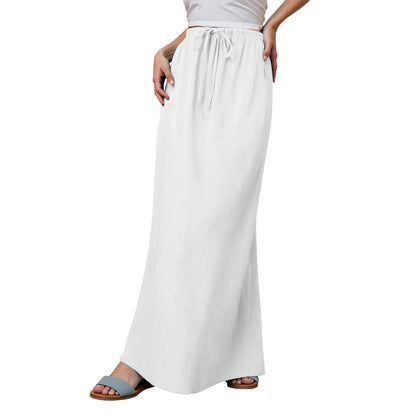 Women Summer Cotton Linen A Line Skirts Elastic Waist Drawstring Comfy Trendy Long Skirt Boho Beach Vacation Long Skirt