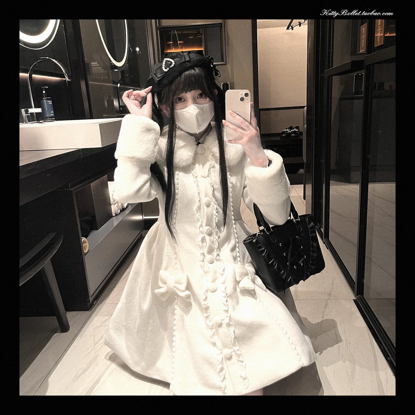Lolita Original Japanese Coat Women Black Overcoat Autumn and Winter New Sweet Elegant Fur Collar Mine Tie Imitation Tweed Coat