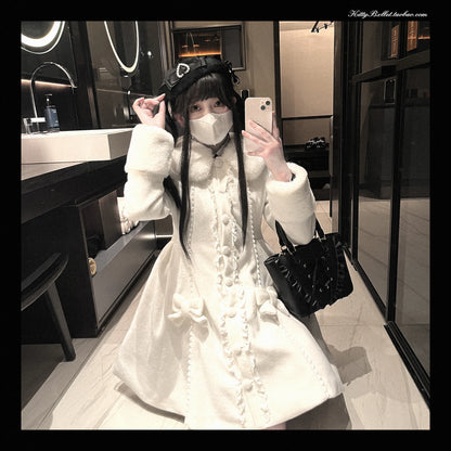 Lolita Original Japanese Coat Women Black Overcoat Autumn and Winter New Sweet Elegant Fur Collar Mine Tie Imitation Tweed Coat