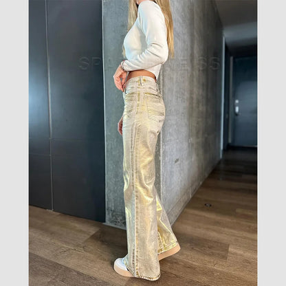Metallic Y2K Advanced Sense Coating Casual Wide-leg Jeans Female Straight Jeans Loose Hip-hop Streetwear Oversize Denim Trousers