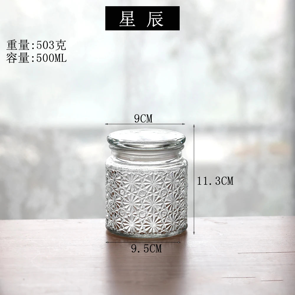 Retro Transparent Glass Sealed Jar Glass Lid Storage Jar Begonia Flower Glass Bottle Candy Storage Jar Kitchen Storage Supplies