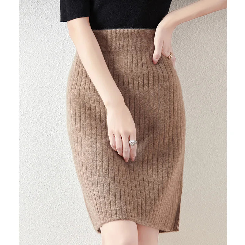 Women's Knitted Skirt 100% Merino Wool Sheath Skirt Solid Color Autumn/Winter Fashion Vertical Strip Wrap Hip Skirt Split Skirt