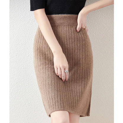 Women's Knitted Skirt 100% Merino Wool Sheath Skirt Solid Color Autumn/Winter Fashion Vertical Strip Wrap Hip Skirt Split Skirt