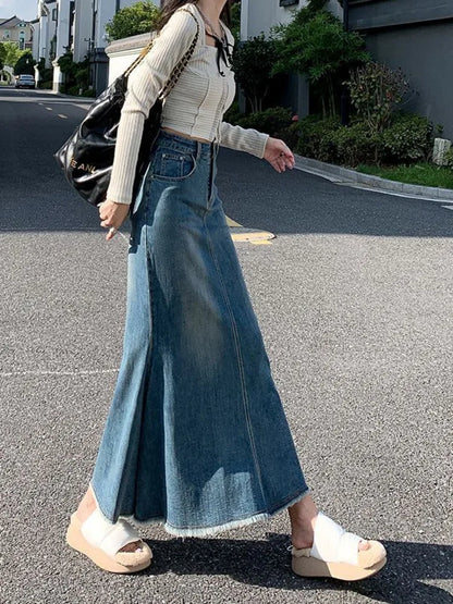 2023 Fashion Spring Denim Skirts for Women Vintage Do Old Midi Skirt Chic High Waisted Trumpet Mermaid A Line Skirts