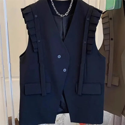 New Vest Coat Female Spring Autumn Temperament Wood Ear Splicing Suit Sleeveless Jacket Women Loose Casual Waistcoat Tops Ladies
