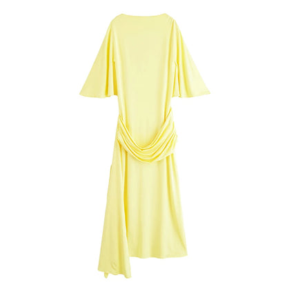 Sexy Backless Party Long Dress Women O-neck Slim Pleated Ribbon Women's Dresses 2026 Spring Summer Lady Yellow Evening Gown