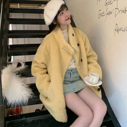 Women Faux Wool Coats Winter Thick Stand Collar Loose Casual Preppy Sweet Jacket Japanese Long Sleeve Button Vintage Outwear New