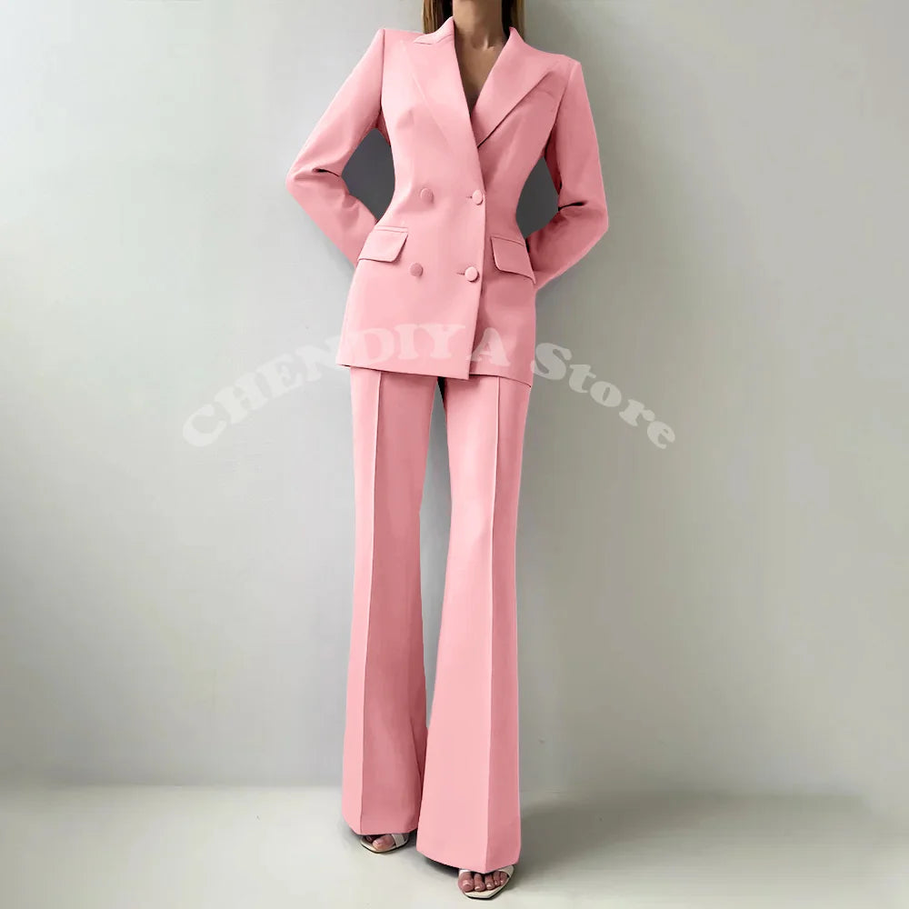 Women Suits Sets 2 Piece Elegant Peak Lapel Double Breasted Outfits Fashion Daily Casual Chic Female Suit (Jacket+Pants)