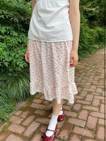 Red Floral Midi Skirts Woman Summer Lace Trim A-line Long Faldas Female New Preppy Style All-match Sweet Cute Cotton Skirts Y2k