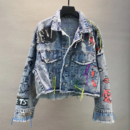 Women Diamonds Beaded Letters Graffiti Denim Coat Holes Rivets Tassels Jeans Bomber Jacket Casual Eyelet Cowboy Cardigan Jaqueta