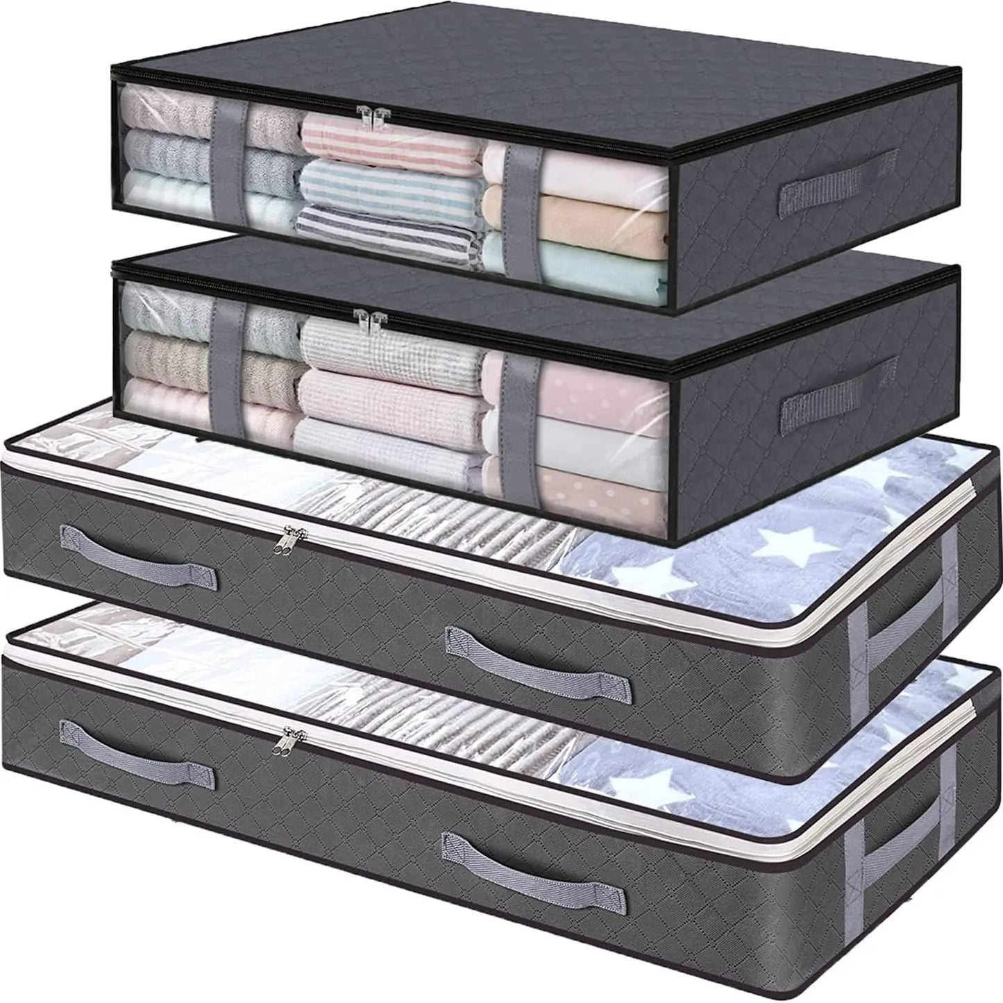 4-Pack Large Capacity Underbed Storage Bags Organizer with Clear Window and Handles for Blanket, Comforter, Bedding, Clothes