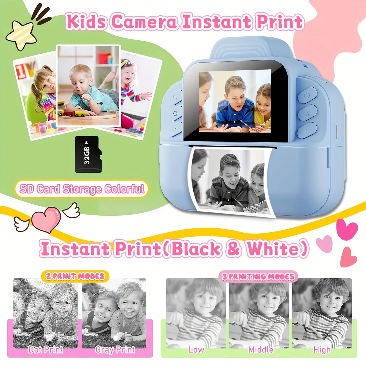 Portable photo printer (blue) with rechargeable battery and 4 rolls of thermal paper /1g card-instant photo printing