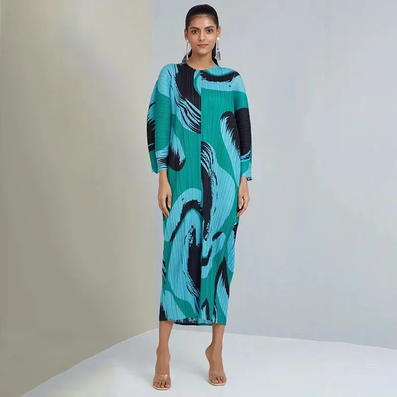 Miyake Pleated Hand Painted Long Dress 2022 New Spring Summer Loose Women Long Sleeves Designer Elegant Fashion Clothes In Stock