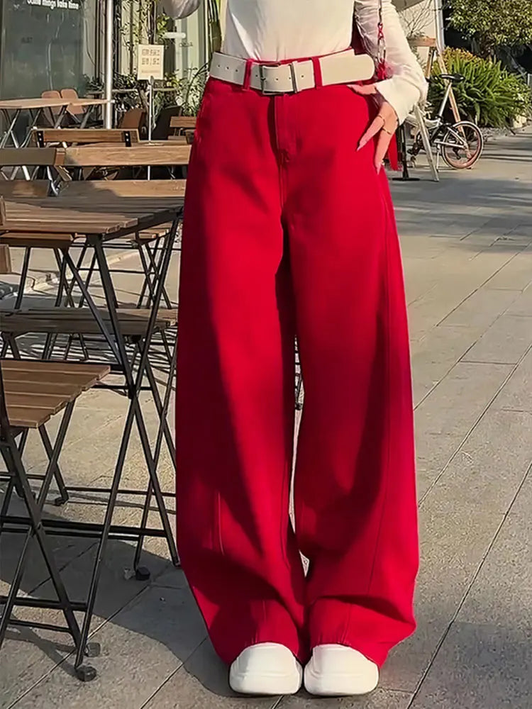 Retro Red High Waist Wide Leg Jeans For Women 2025 New Style Loose Casual Full-Length Denim Pants No Belt Trendy Autumn Winter