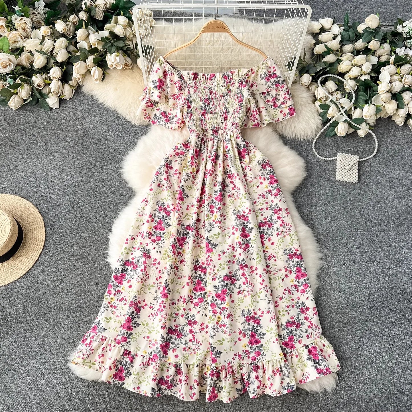 YuooMuoo Vacation Fashion Flower Print Chiffon Summer Dress Sexy Off Shoulders Elastic Waist Big Swing Long Dress Beach Vestidos