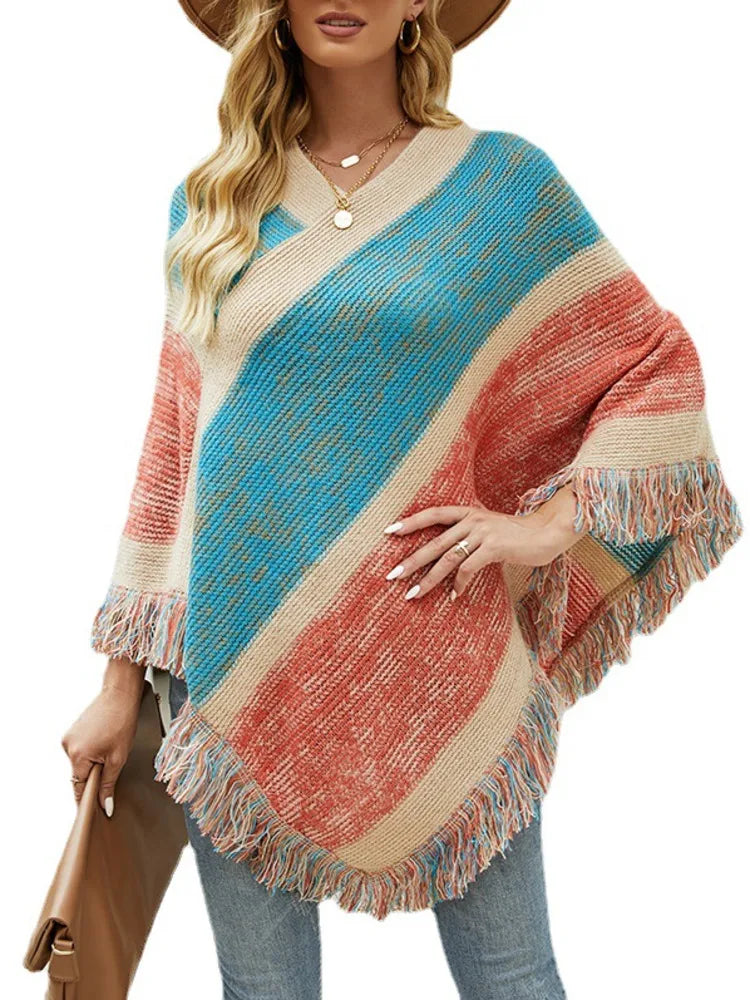 Autumn Winter Batwing Sleeve Rainbow Striped Poncho Women Fashion Sweater Cloak 2025 New Pullover Shawl Female Tassel Cape