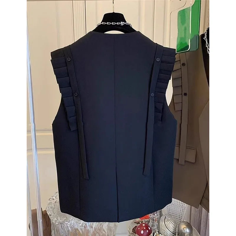 New Vest Coat Female Spring Autumn Temperament Wood Ear Splicing Suit Sleeveless Jacket Women Loose Casual Waistcoat Tops Ladies