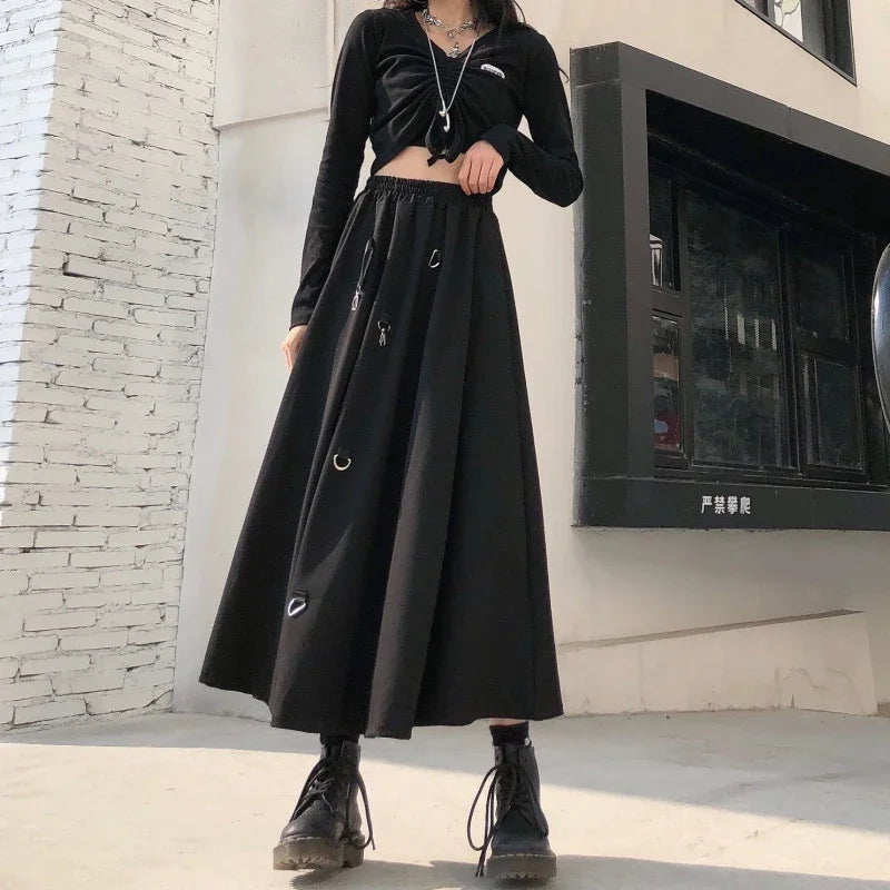 MEXZT Harajuku Cargo Skirts Women High Waist Buckle Irregular Skirts Gothic Punk Freely Adjustable Black A Line Midi Long Skirt