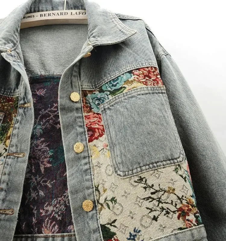 Fashion temperament denim jacket women's autumn and winter new short Joker print splicing long sleeve lapel short jacket