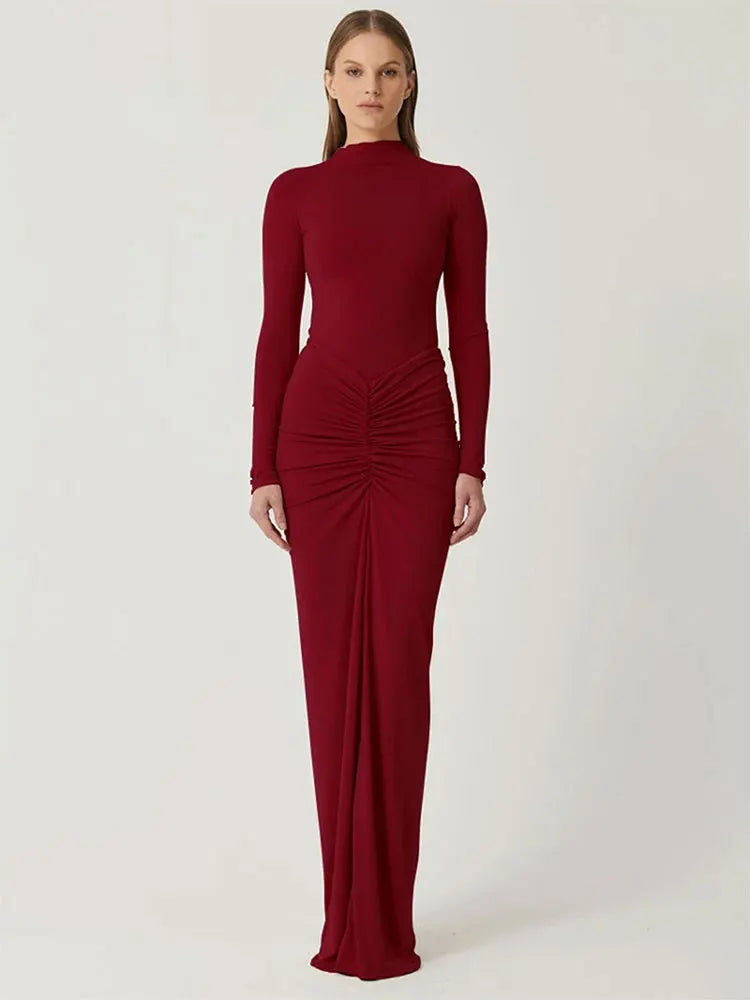 Sexy Red Dresses Women Autumn New Streetwear Fashion Folds O-Neck Long Sleeves Casual Slim Maxi Dress Elegant Lady Knitted Dress