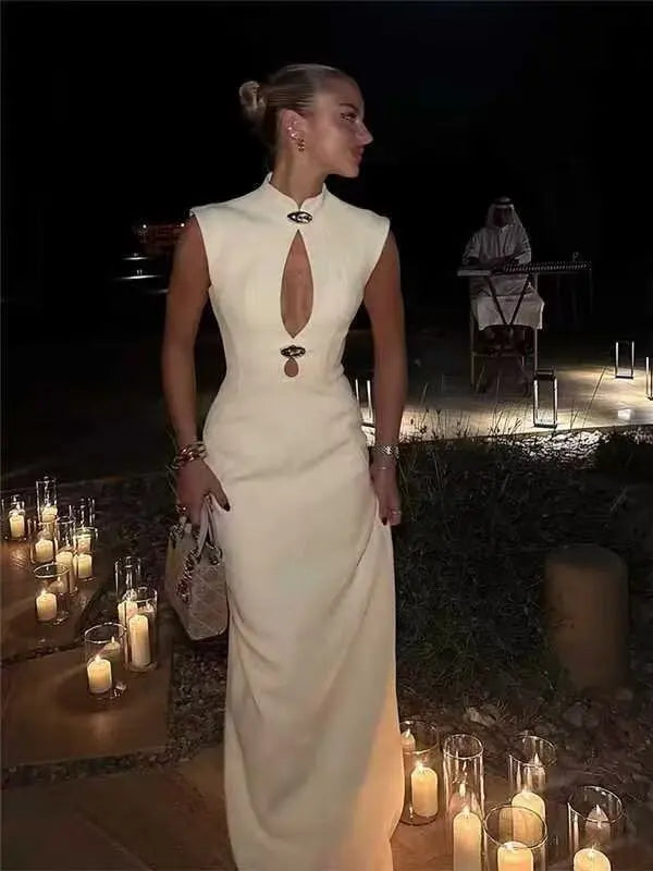 Sexy Turtleneck Sleeveless Dress Women Elegant Hollow Out High Waist Slim Maxi Fishtail Dresses 2026 Lady Evening Party Vestido