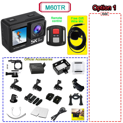 Action Camera 5K 4K60FPS  50MP 2" Touch Dual Screen 5X Zoom Wi-Fi EIS  170° DVR Webcam Wireless Mic 30M Waterproof Sport Camera