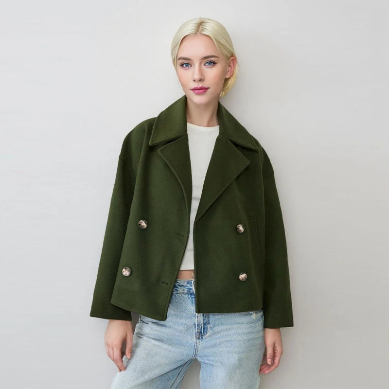 Casual Short Woolen Blends Coats Women Loose Lapel Bouble Breasted Pocket Full Sleeve Jacket 2025 Autumn Winter Lady Solid Coat