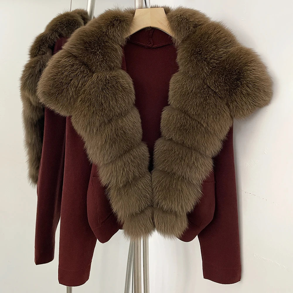 Elegant Knitted Cardigan Women's Sweater Knitting Jacket with Fur and cuffs Knitted Women's Long Sleeve Top Short Sweater
