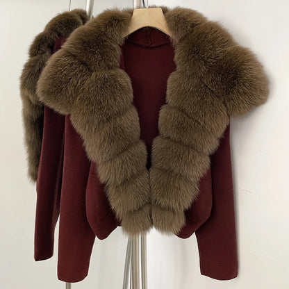 Elegant Knitted Cardigan Women's Sweater Knitting Jacket with Fur and cuffs Knitted Women's Long Sleeve Top Short Sweater