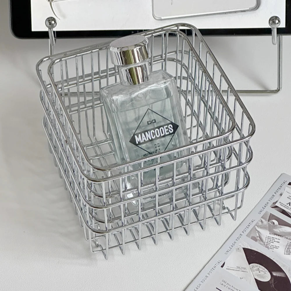Iron Storage Basket Square Metal Bin Organizer For Bathroom Vanity Cosmetics Skincare Masks Lipsticks Countertop Holder