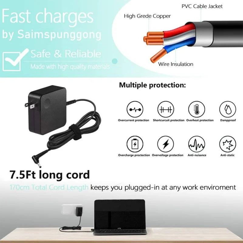 Charger for Lenovo Laptop, Ideapad 3 330 320 310 330S S340 S145,   65W 45W 7.5Ft Cable