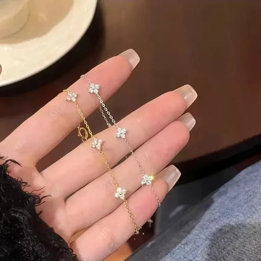 High Quality Crystal Four Leaf Flower Bracelet for Women Clasic Trendy Gold Color Stainless Steel Zircon Bangle Jewelry Gift