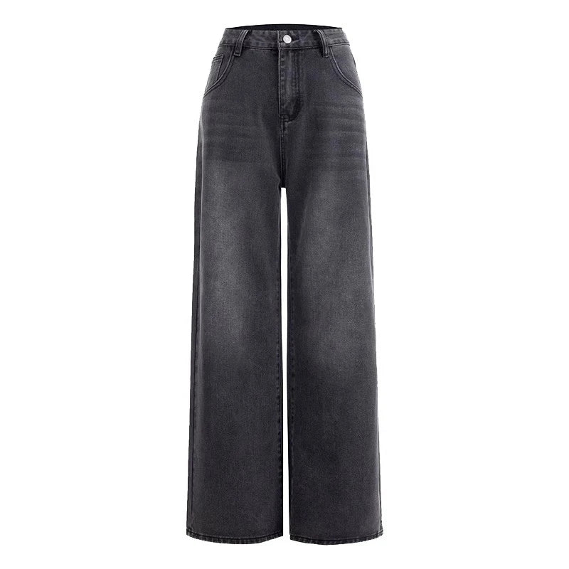 Woman High Waist American Retro Wide Leg Jeans Female Harajuku Loose Straight Leg Pants Girls Designer Black Grey Denim Trousers