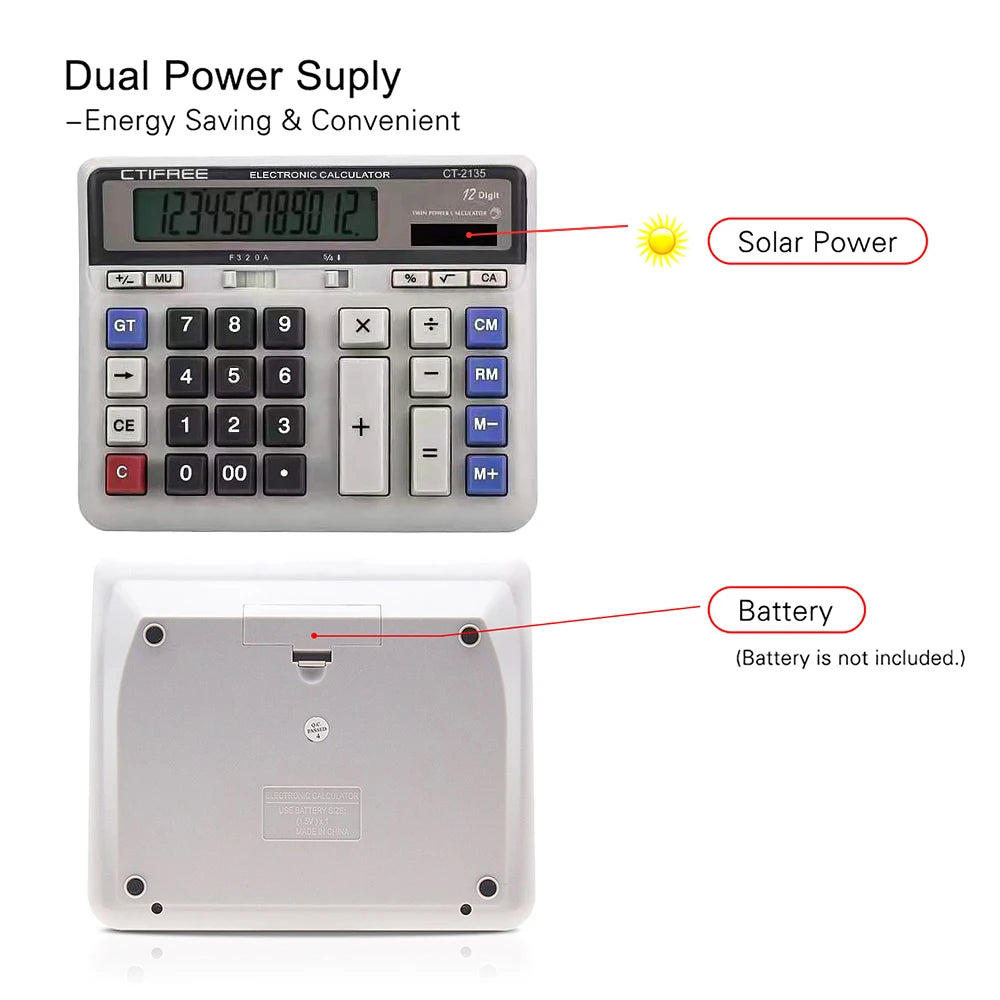 Computer Electronic Calculator Counter Solar & Battery Power 12 Digit Display Big Button Calculators for Business Office School
