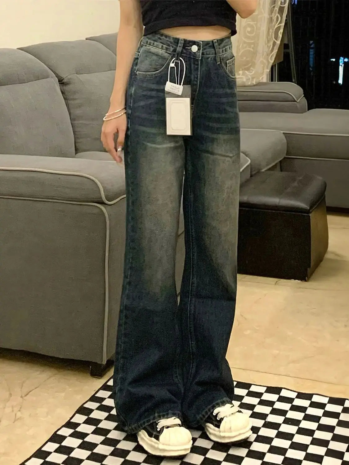 Fashion Flared Jeans Women American High Waist Slim Fit Wide Leg Bootcut Pants Loose Non Clingy Stretchy Versatile Denim