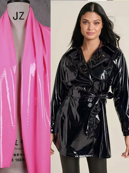 Women Faux Leather Jacket Coat Glossy Patent Leather Trench Overcoat With Belt Gothic Black PVC Laple Blazer Suit Pocket Custom